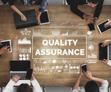 Quality Assurance and Quality Control Concept - Modern graphic interface showing certified standard process, product warranty and quality improvement technology for satisfaction of customer.