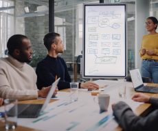 Project Manager Makes a Presentation for a Young Diverse Creative Team in Meeting Room in an Agency. Colleagues Sit Behind Conference Table and Discuss Business Development, User Interface and Design.